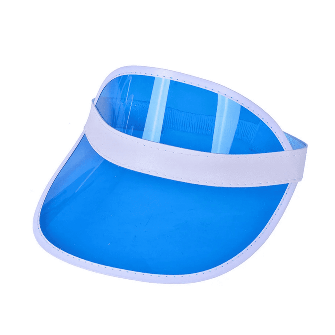 A blue PVC sun visor with a white band and a transparent front panel, featuring a logo.