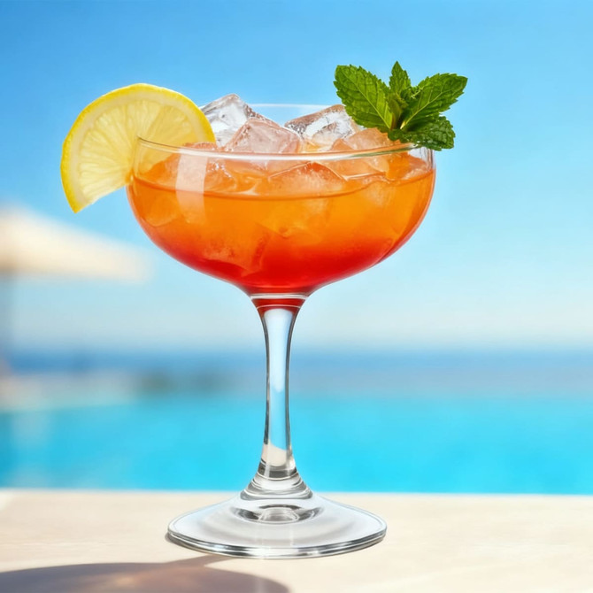 A martini coupe glass filled with a vibrant orange drink, ice, a lemon slice, and a mint sprig, set against a blue background.