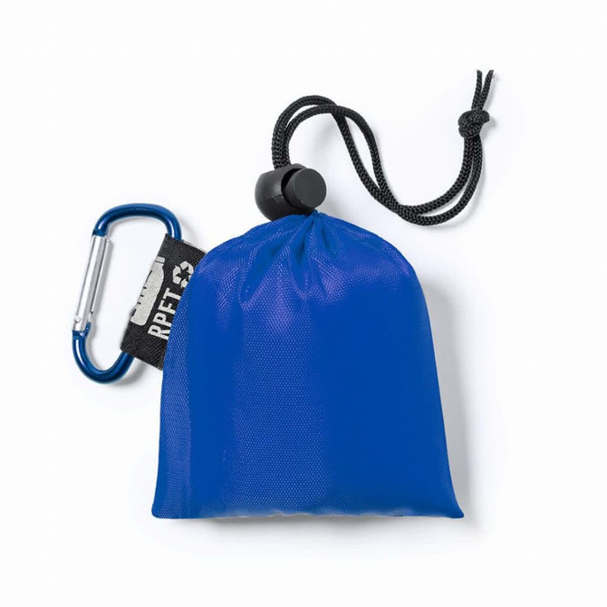 A blue poncho packed in a compact pouch, featuring a carabiner for attachment and a logo.