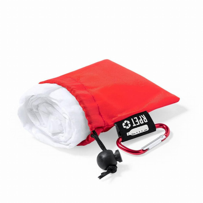 A red pouch containing a folded white poncho, attached to a carabiner, with a logo on the pouch.
