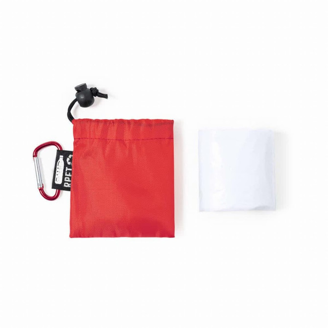 A red pouch containing a white poncho and a carabiner clip. The pouch has a logo and is made from RPET material.