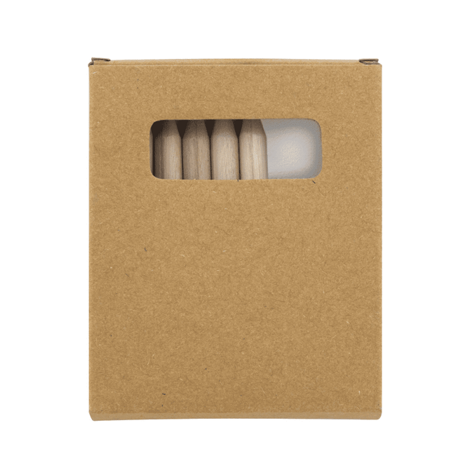 A brown cardboard box containing six coloured pencils visible through a transparent window.