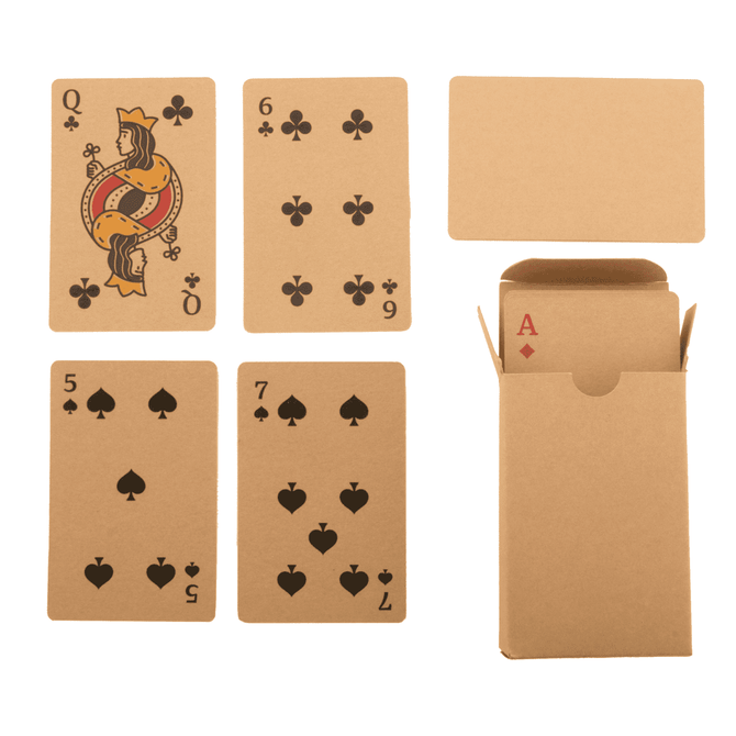 Custom playing cards in a natural colour, featuring spade and club designs, with a cardboard box for storage.