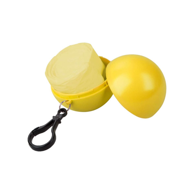A yellow ball keyring containing a folded poncho, featuring a clip for attachment.