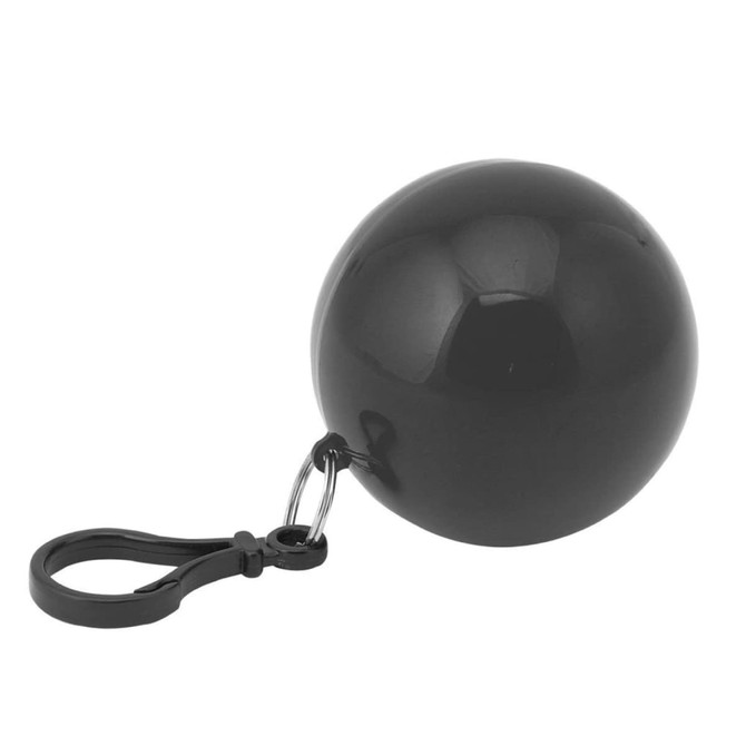 A black ball keyring with a clip attachment, designed for holding a poncho.