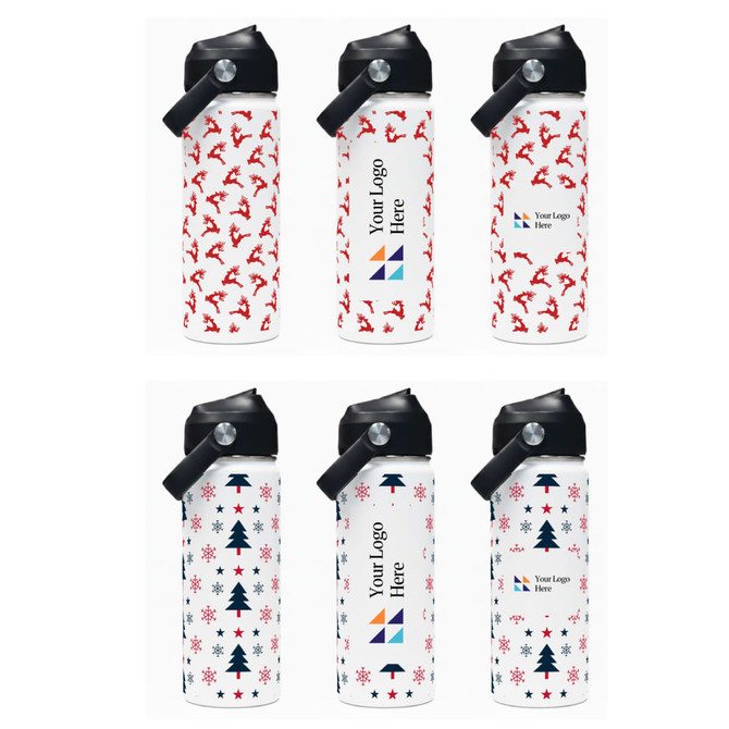 A drink bottle featuring a white design with red patterns of reindeer and trees, equipped with a carry handle.