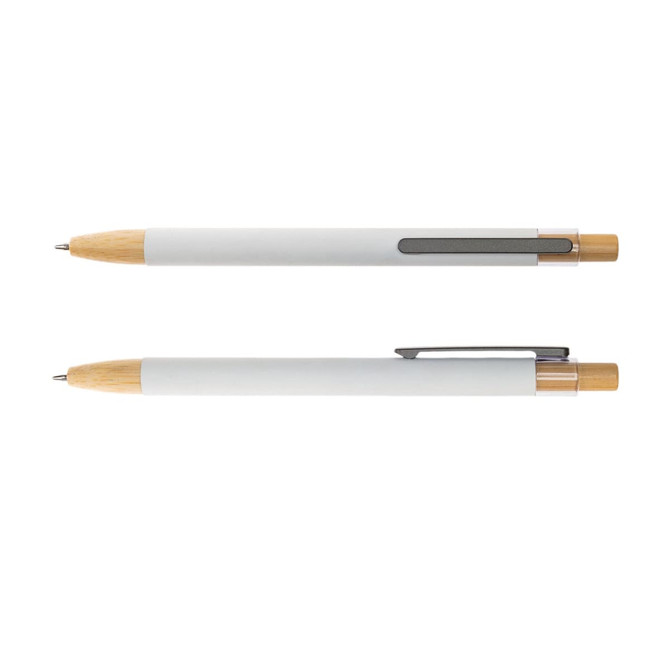 A set of two aluminium pens with a white body and gold accents, featuring a clip and a logo.