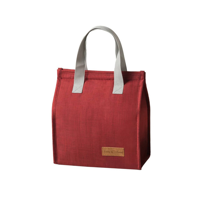 A red minimalist lunch bag with grey handles and a branded patch on the front.