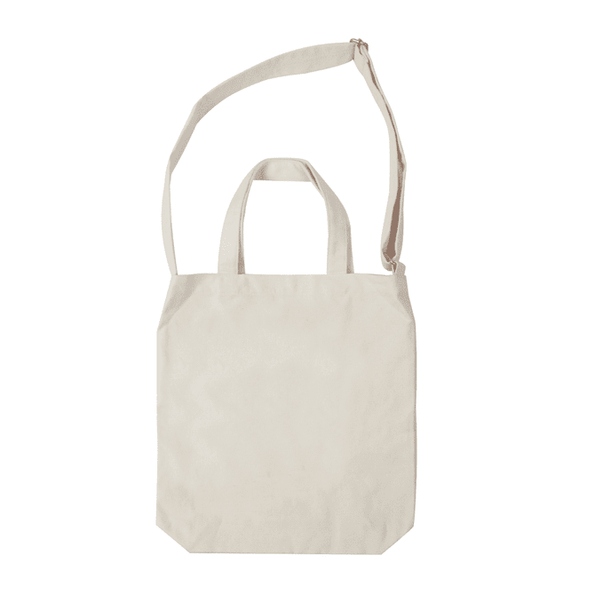 A plain beige tote bag with long and short handles, featuring a logo on the front.