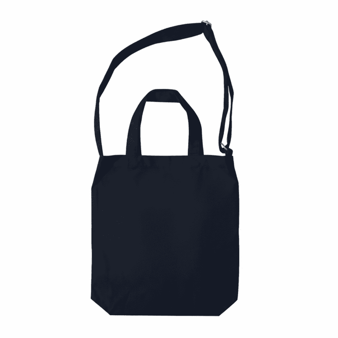 A plain black tote bag with two short handles and a long adjustable strap. It features a logo.