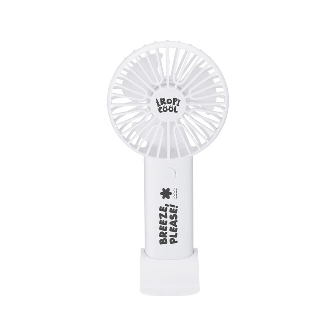 A portable white fan with a circular head and a handle, featuring a branding logo.