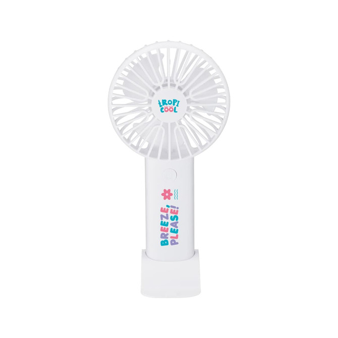 A portable white fan with a decorative base, featuring a logo and colourful text. Ideal for outdoor leisure activities.