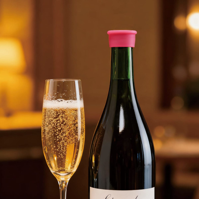 A drink bottle with a pink silicone wine stopper next to a glass of sparkling wine, set in a warm, elegant environment.