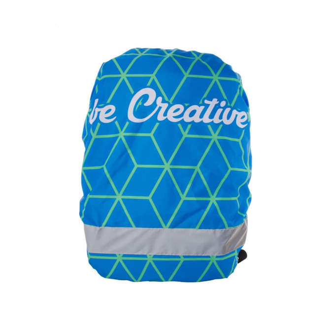 A reflective backpack cover in blue and green with a geometric pattern and a logo.