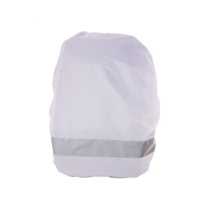 AERO Custom Reflective RPET Backpack Cover in white with a reflective silver band. Includes a logo.