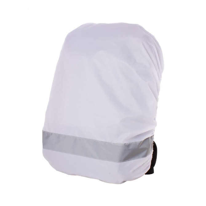 A reflective white backpack cover with a silver strip at the bottom, featuring a logo.