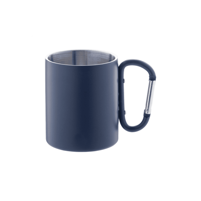 A drink bottle in navy blue with a stainless steel interior and a carabiner-style handle. It features a logo.