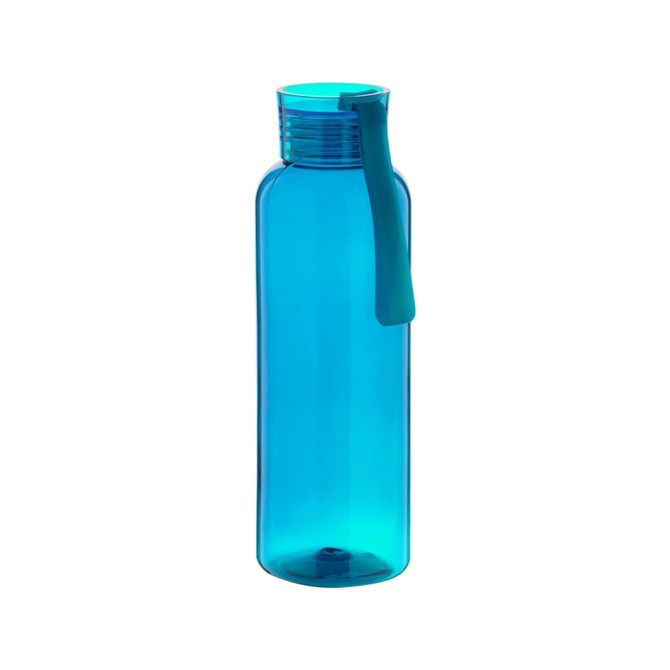 A drink bottle in bright blue with a matching lid and a handle, featuring a logo on the body.