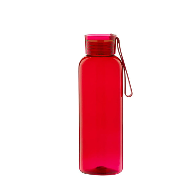 A drink bottle in vibrant red, featuring a screw-top lid and a convenient carry loop. It has a logo on the surface.