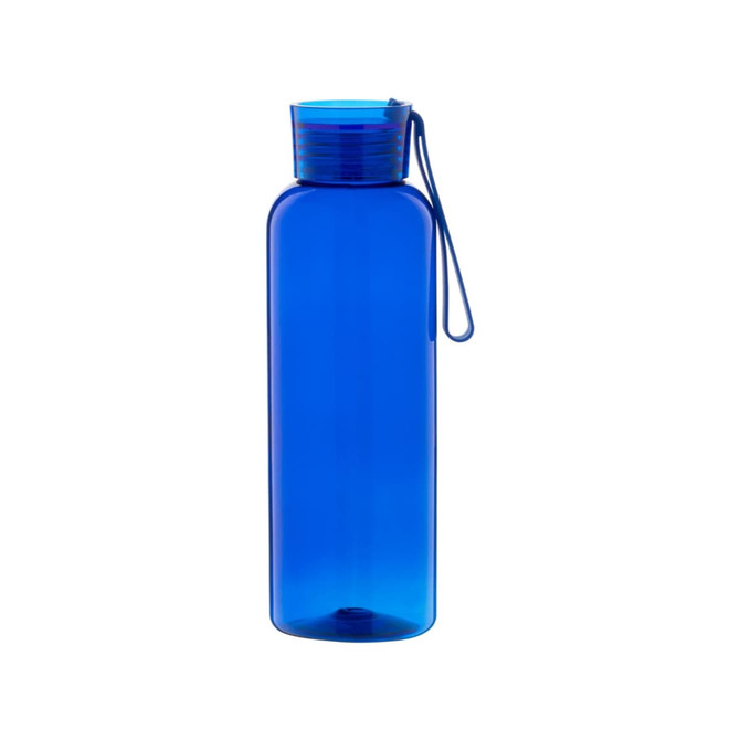 A drink bottle in transparent blue plastic with a screw-top lid and a carrying loop. Features a logo.