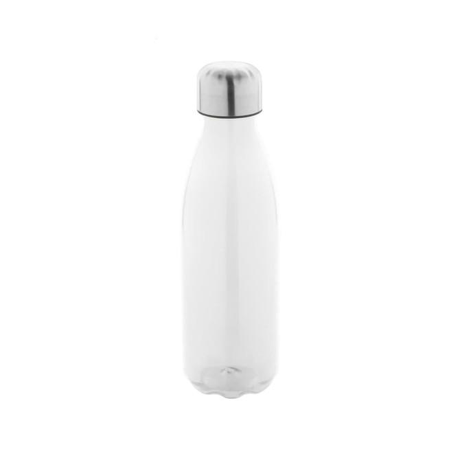 A drink bottle with a clear body and a silver stainless steel lid, featuring a logo.