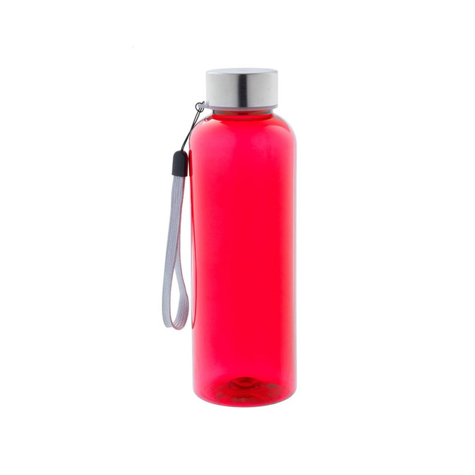 A drink bottle in bright red with a silver lid, featuring a wrist strap and a sleek design.
