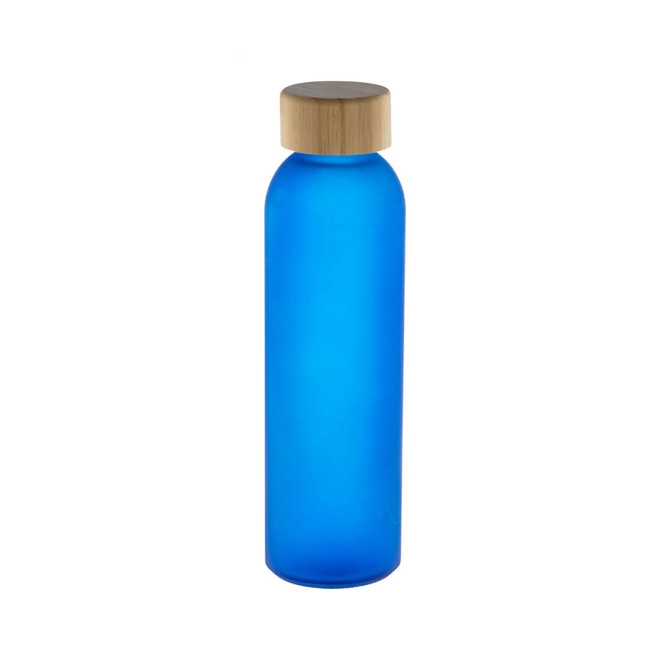 A drink bottle made of frosted blue glass with a natural bamboo lid and a simple, modern design.