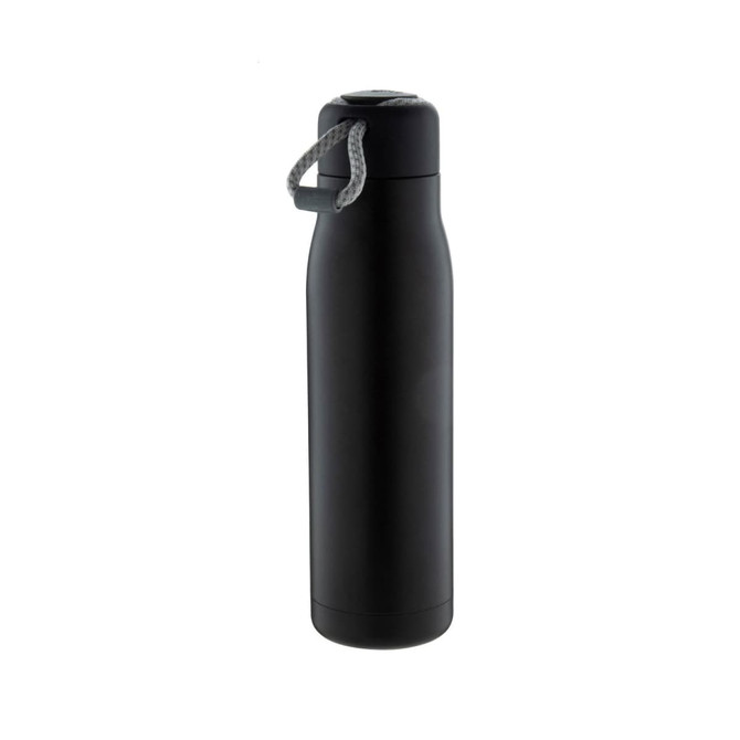A drink bottle with a sleek black design and a grey strap. It features a logo on the body.