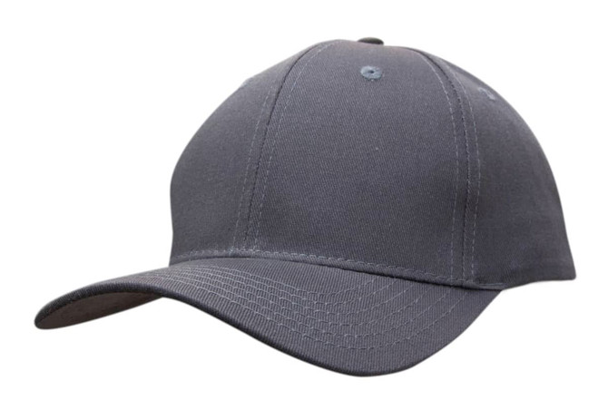 A grey cotton twill cap with a curved brim and a structured crown, featuring a logo.