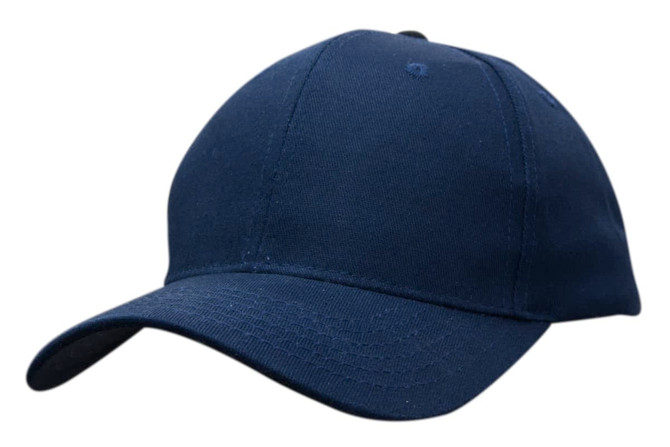 A navy cotton twill cap with a slightly curved brim and a logo on the front.
