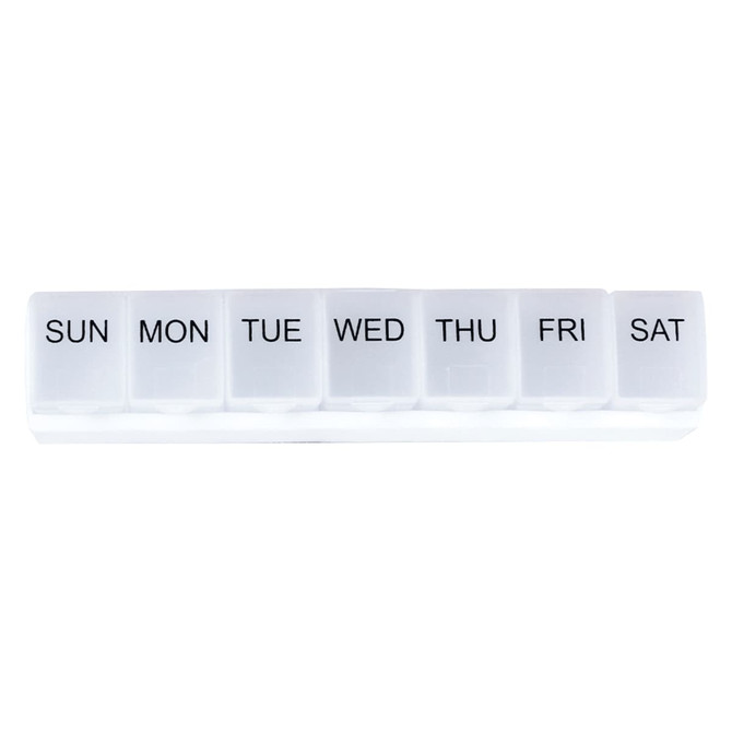 A white weekly pill organiser with compartments labelled for each day of the week. It features a simple branding logo.