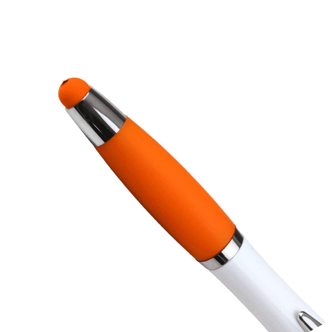 A ballpoint pen with a white barrel and an orange rubber grip. The top features a shiny silver accent.
