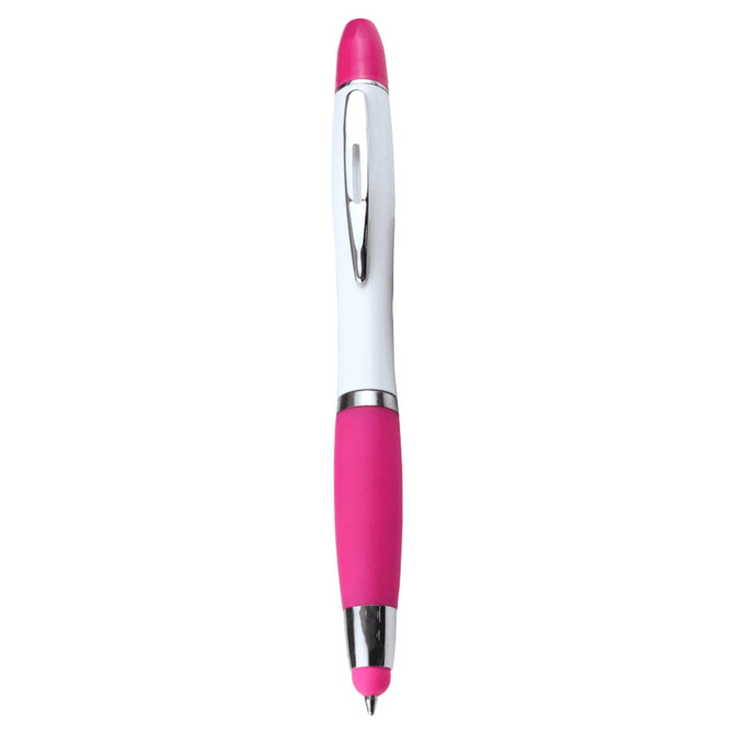 A pink and white ballpoint pen with a silver clip and a stylus tip. It has a smooth grip for comfort.