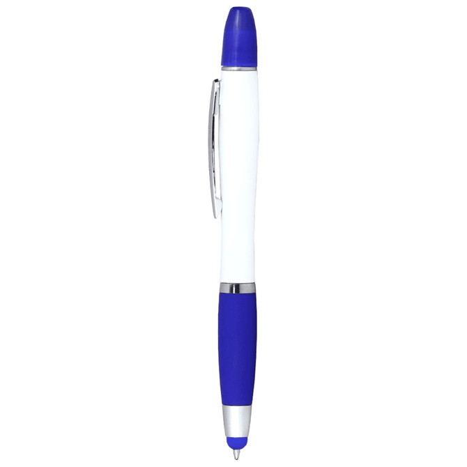 A blue and white ballpoint pen with a blue grip and a branding logo.