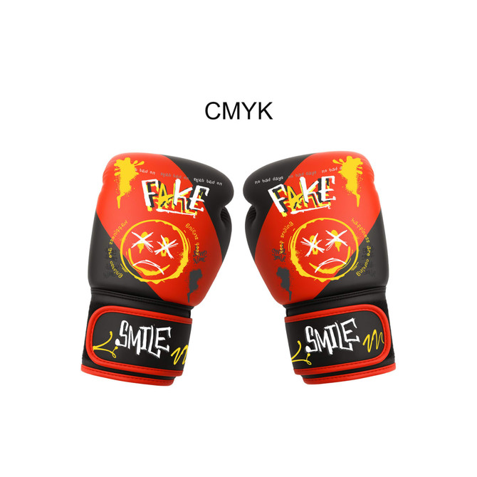 Vibrant red and black kids boxing gloves featuring playful graphics and branding elements.