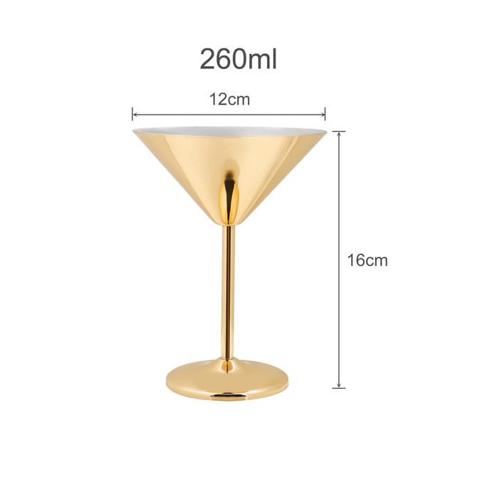 A gold stainless steel martini goblet with a conical shape, featuring a sturdy base and measuring 16cm in height.