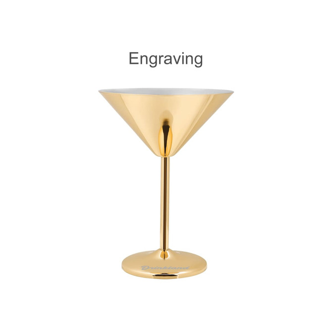 A stainless steel martini goblet in a shiny gold finish, featuring a logo on the base.