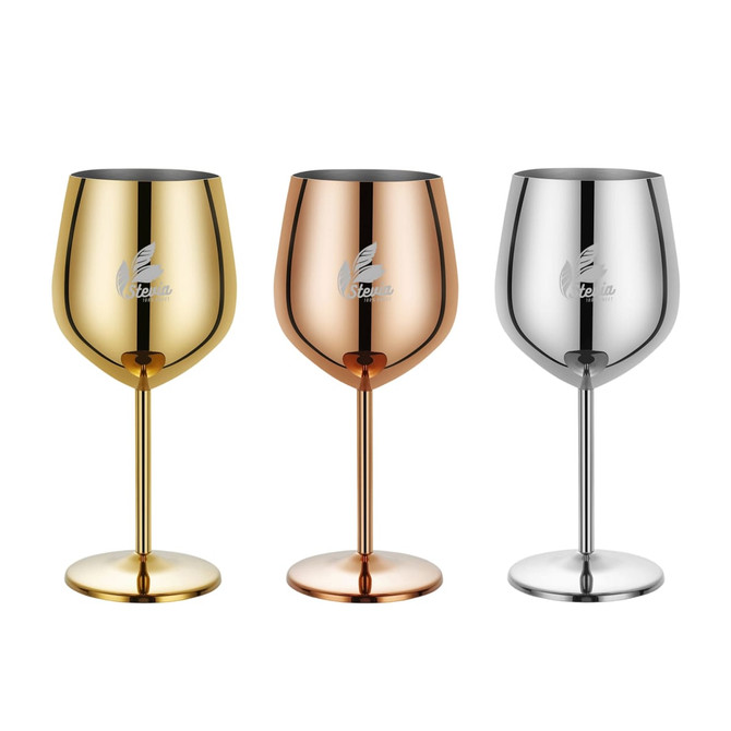 A set of three stainless steel wine goblets in gold, rose gold, and silver, each with a branding logo.