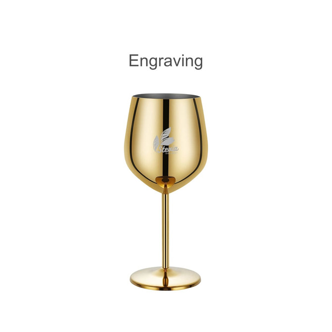 A stainless steel wine goblet in a gold finish, featuring a stem and a logo.