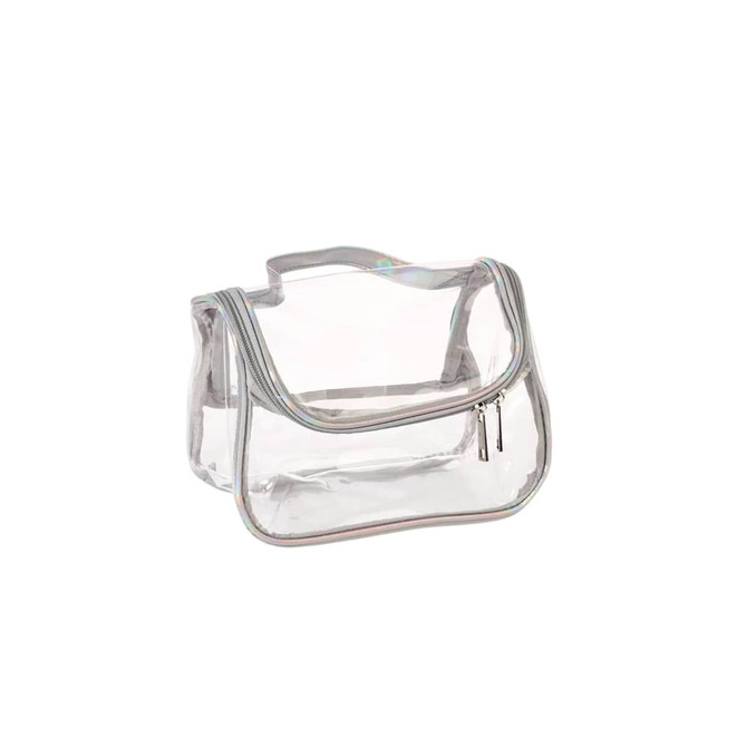 A transparent cosmetic bag with a grey zipper and handle, featuring a holographic trim.