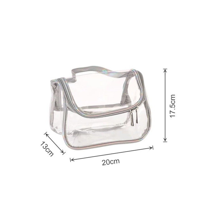 A transparent cosmetic bag with a silver trim, featuring a zip closure and a handle, measuring 20cm by 17.5cm by 13cm.