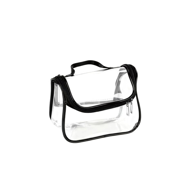 A transparent cosmetic bag with black accents, featuring a zippered closure and a top handle.