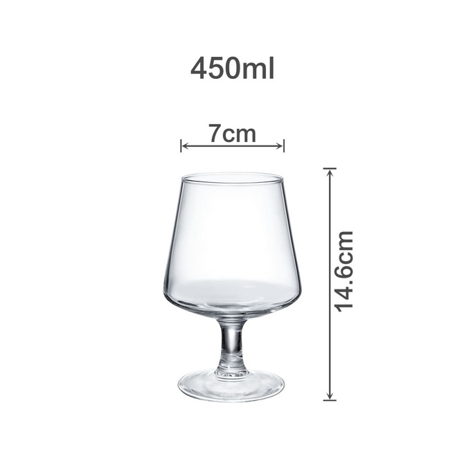 A clear glass brandy snifter, measuring 7 cm wide and 14.6 cm tall, with a rounded bowl and a sturdy stem.