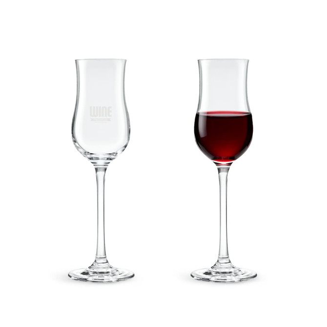 A pair of elegant tulip wine glasses, one empty and the other filled with red wine, featuring a logo on one glass.