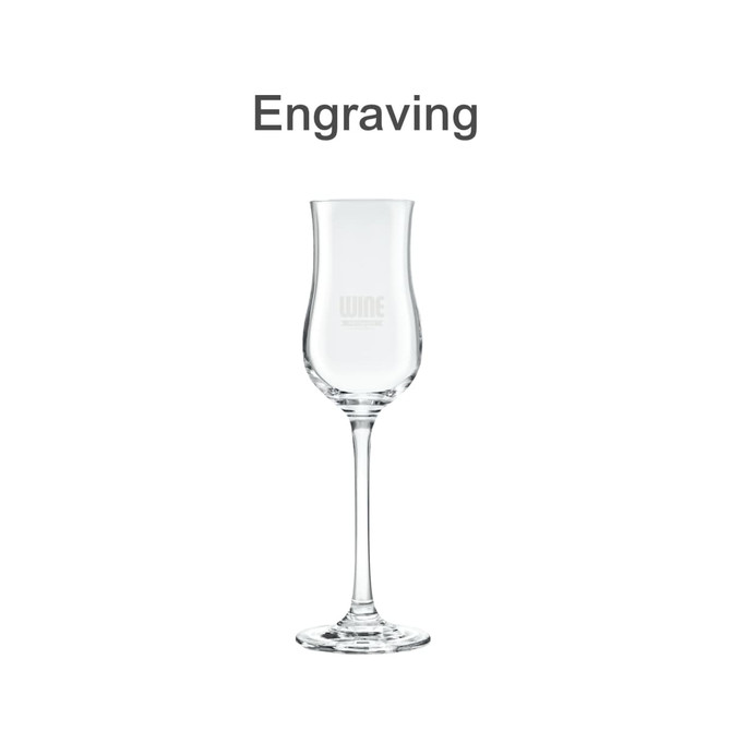 A tall, clear glass wine glass with a slender stem and a broad, flared bowl. Features engraved detailing.
