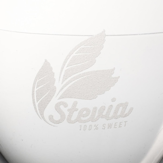 A white container with a textured leaf design and the word "Stevia" embossed on it.