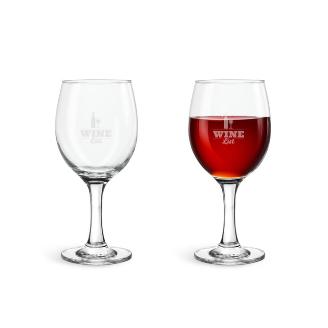 A casual wine glass set featuring one clear glass and one filled with red wine, both with a logo.