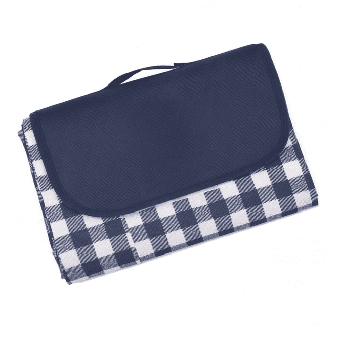 A navy blue and white checkered picnic blanket, neatly folded with a matching carry handle. It features a logo.