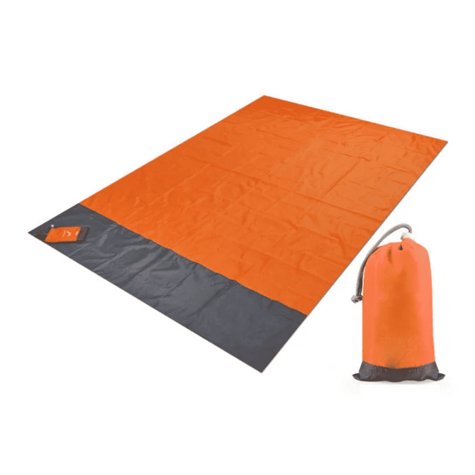 An orange and grey polyester picnic blanket laid out flat beside a matching pouch.
