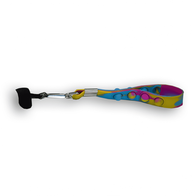 A multicoloured wristlet tether with a clip attachment, designed for securing mobile devices.